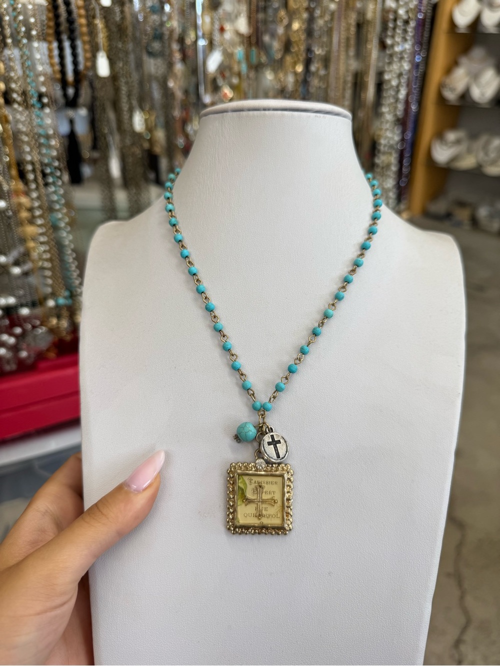 Turquoise Beaded Vintage-Style Charm Necklace | Cross Pendant